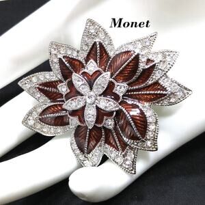 Vintage Monet Bronze Enamel Flower Brooch, Clear Pave Rhinestones